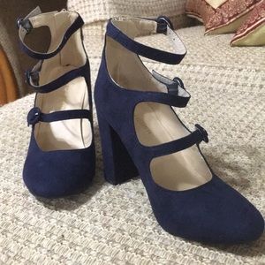 Navy suede stacked 4 inch heels